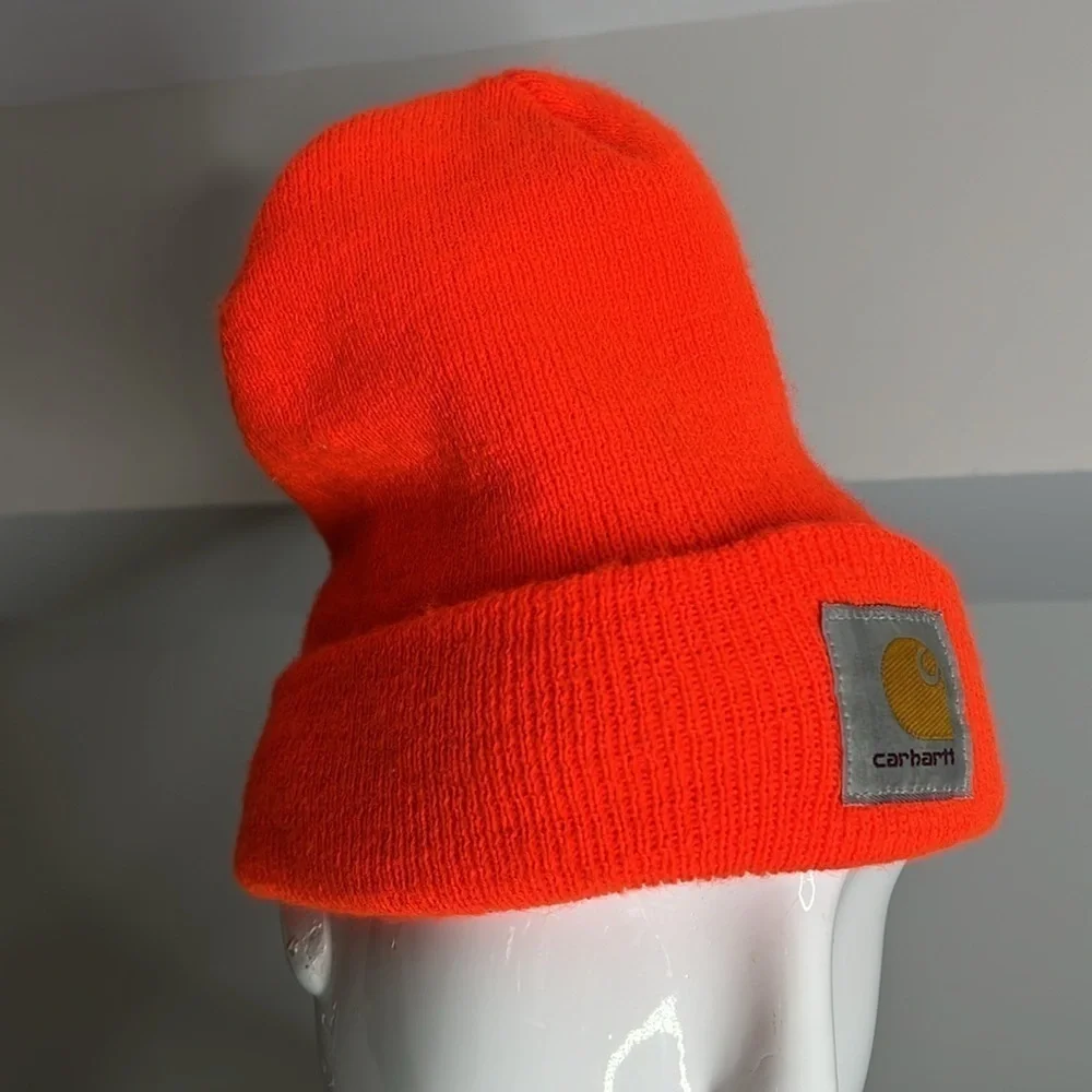 Carhartt Bright Neon Orange Ribbed Beanie Foldover Hat - One Size - unisex